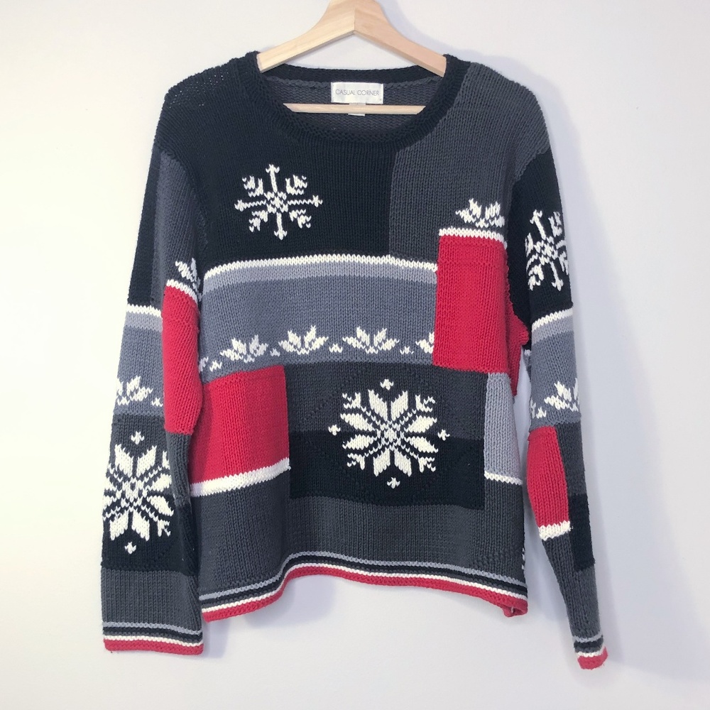 Casual Corner Gray, Black & Red Snowflake Sweater
